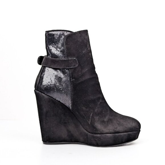 Stuart Weitzman Women Paragraph Black Suede Sequins Wedge Ankle Boots sz 9 - Picture 5 of 9
